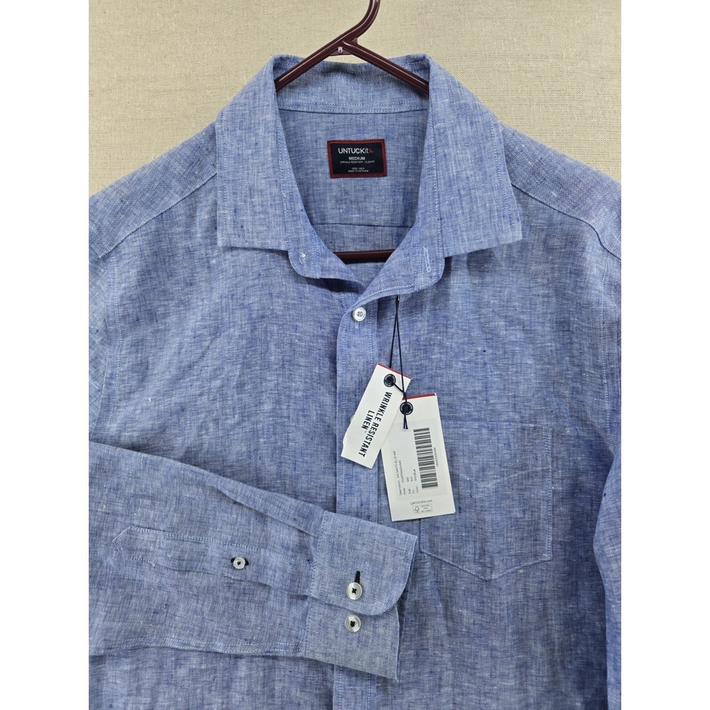 UNTUCKit Shirt Mens Medium Button Up Vin Santo Mid Blue Linen Wrinkle Resistant